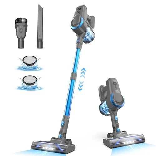 Aspirateur balai sans fil, 6 en 1, aspirateur sans fil, puissante autonomie 55 minutes et 2 vitesses, brosse anti-enchevêtrement, aspirateur balai sans sac pour poils d'animaux, tapis