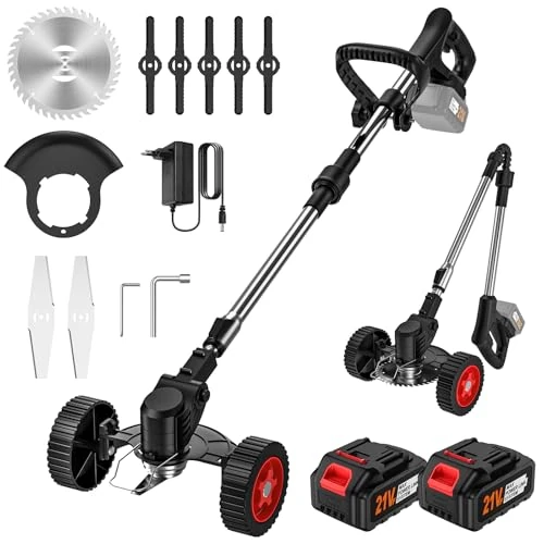 Accu-grastrimmer, draadloos, elektrisch, met wielen, 2 accu's met 3,0 Ah, 3 soorten messen, opvouwbaar, 90 graden verstelbare kop en telescopische handgreep voor tuin en snoeien