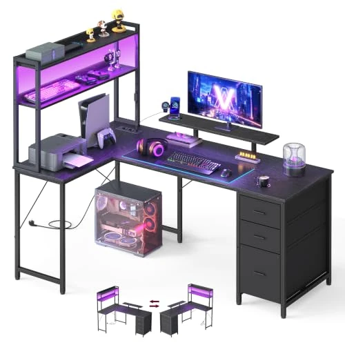 Offerta a tempo: VASAGLE Scrivania Angolare, con Prese e Porte USB, Luci LED, 3 Cassetti - 25% da 129.99 € a 97.49 €