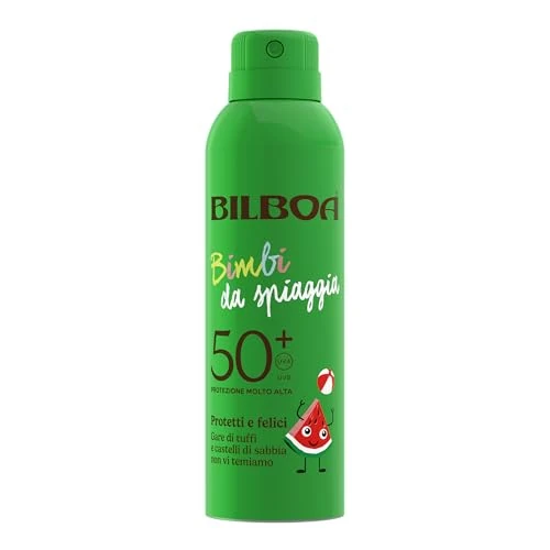 Offerta a tempo: Bilboa, Bimbi da Spiaggia, Crema Solare Spray SPF 50+ per Bambini 3+ anni, con Profumo di Anguria, Rapido Assorbimento e Facile Applicazione, Resistente all’Acqua, 150 ml - 40% da 15.49 € a 9.28 €