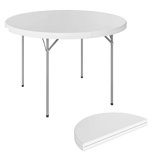 Outsunny Tavolo da Campeggio Pieghevole Rotondo, Tavolino da Esterno Richiudibile con Telaio in Metallo e Piano in HDPE, per Giardino, Terrazzo, Pic Nic, 120x120x74 cm, Bianco