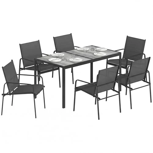 Offerta a tempo: Outsunny Set Tavolo e Sedie da Giardino 7 Pezzi, Set Pranzo Esterno con Tavolo Effetto Legno, 6 Sedie in Texteline Traspirante, Set Mobili da Giardino in Acciaio Zincato per Terrazza Balcone, Nero - 14% da 257.95 € a 220.55 €