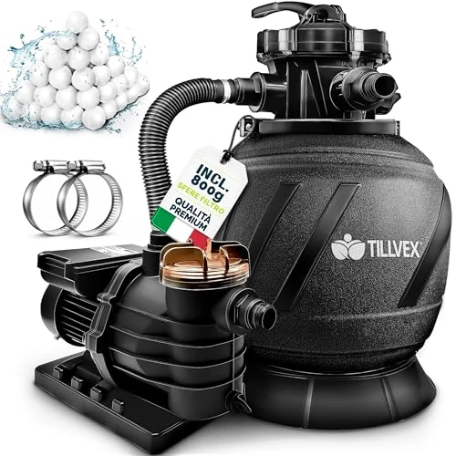 Offerta a tempo: tillvex Pompa Filtro Piscina Portata 10m³/h + 800g Filtro Balls | 7 funzioni | Filtro piscina con indicatore pressione | Impianto filtrazione sabbia per piscine e vasche (AquaBlack Pro) - 10% da 149.79 € a 134.79 €