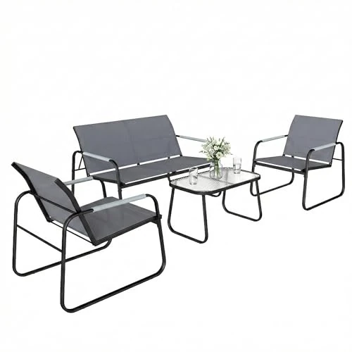 Outsunny Texteline Tuinmeubelset, 4-delig, met tafel van gehard glas, 2-zitsbank, 2 stoelen, frame van staal, zitgroep voor buiten, balkon, grijs