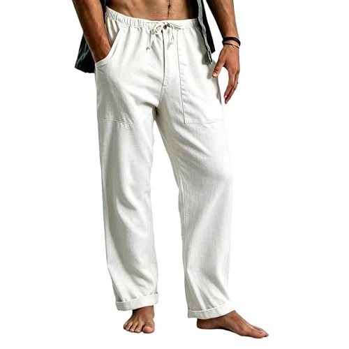 Offerta a tempo: Cegerne Pantaloni in Lino Uomo Lunghi Leggeri, Pantaloni Estivi Casual con Vita Elastica e Coulisse, per Spiaggia Vacanze Medievale Vintage e Uso Quotidiano, Bianco, M - 19% da 26.99 € a 21.98 €