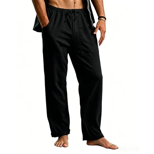 Offerta a tempo: Cegerne Pantaloni in Lino Uomo Lunghi Leggeri, Pantaloni Estivi Casual con Vita Elastica e Coulisse, per Spiaggia Vacanze Medievale Vintage e Uso Quotidiano, Nero, M - 10% da 26.99 € a 24.36 €