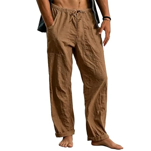 Oferta limitada: Cegerne Pantalones de Lino Hombre Largos Ligeros, Pantalón de Verano Casual con Cintura Elástica y Cordón, para Playa Vacaciones Medieval Vintage y Uso Diario, Caqui, S de 26.99 € a 26.99 € (ahorro 0.00%)