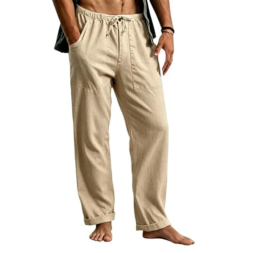 Offerta a tempo: Cegerne Pantaloni in Lino Uomo Lunghi Leggeri, Pantaloni Estivi Casual con Vita Elastica e Coulisse, per Spiaggia Vacanze Medievale Vintage e Uso Quotidiano, Cammello, L - 19% da 26.99 € a 21.98 €