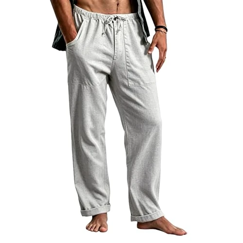 Offerta a tempo: Cegerne Pantaloni in Lino Uomo Lunghi Leggeri, Pantaloni Estivi Casual con Vita Elastica e Coulisse, per Spiaggia Vacanze Medievale Vintage e Uso Quotidiano, Grigio, M - 14% da 26.99 € a 23.14 €