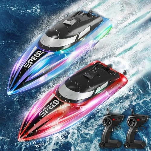 Offerta a tempo: JONRRYIN Barca Telecomandata per Bambini, 2 Pezzi Impermeabile Barca Radiocomandata con Luce LED, 2,4 GHz Barca RC per Piscine e Laghi per Adulti e Bambini (Rosso+Blu) - 12% da 50.99 € a 44.99 €