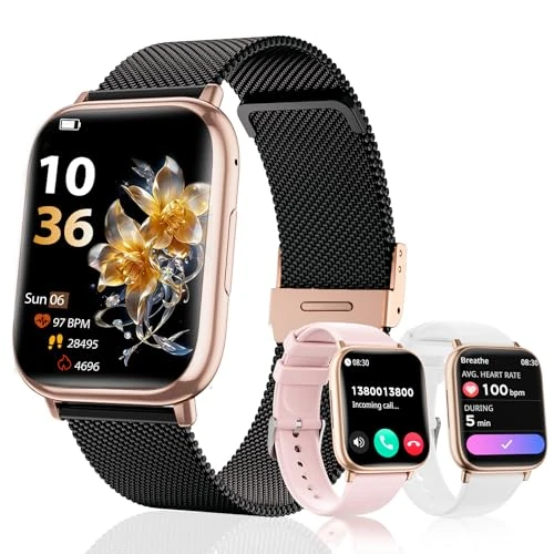 Zeitlich begrenztes Angebot: SLOKSFil Smartwatch Damen mit Telefonfunktion, 3 Armbänder 1.83" HD Smart watch mit 24H Pulsmess SpO2 Schlafmon IP68 Wasserdicht 120+ Sportm Schrittzähler Fitness Tracker für iOS Android Schwarz Gold von 59.99 € auf 58.49 € (3