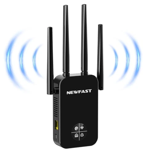 NEWFAST Repetidor WiFi potente para casa, 1200 Mbps WiFi Extender Dual Band 2,4 GHz/5 GHz con 4 antenas de alta ganancia, puerto Ethernet, WPS, pantalla inteligente, amplificador WiFi soporta 3 modos