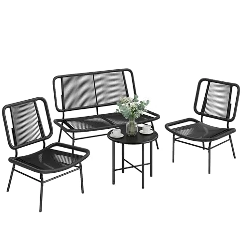 Offerta a tempo: Outsunny Set Salotto da Giardino 4 Pezzi in Rattan, Set di Mobili da Giardino con Divano a 2 Posti, 2 Sedie, Tavolino da Caffè Piano Metallo, Struttura in Acciaio, Salottino da Esterno Balcone, Nero - 15% da 167.95 € a 143.59 €
