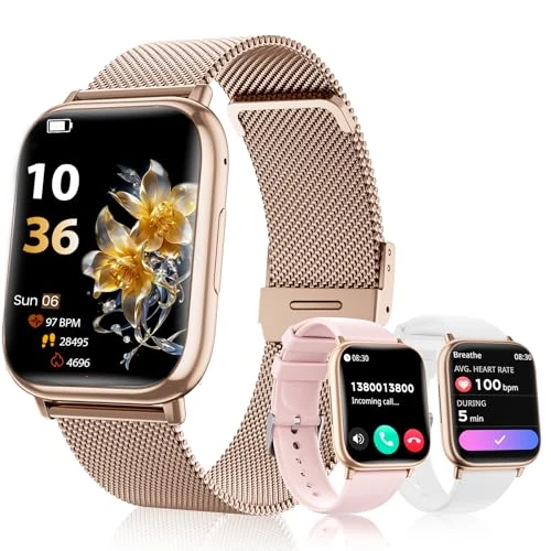 Offerta a tempo: SLOKSFil Smartwatch Donna con Chiamate Bluetooth, 1.83" Fitness Orologio Smartwatch 3 Cinturini Frequenza Cardiaca SpO2 Pressione Sanguigna IP68 Impermeabile Sonno 120+ Modalità Sportive (Oro Rosa) - 32% da 59.99 € a 40.59 €
