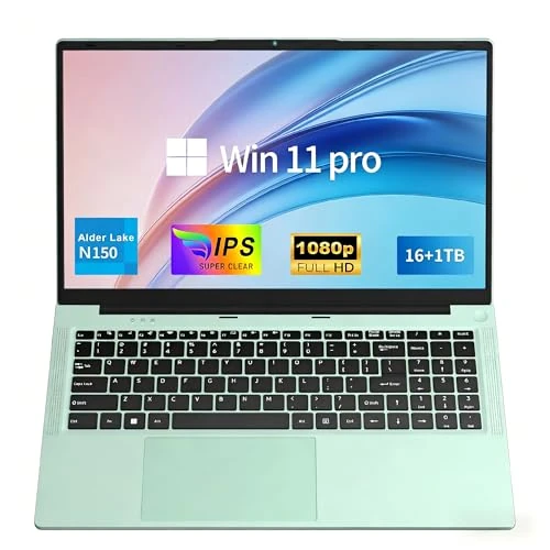 FUNYET Laptop 15,6 cala, 16 GB RAM, 1 TB SSD, 2026 Win 11 Pro Laptop, komputer przenośny procesor N150 (do 3,6 GHz), 6000 mAh, notebook FHD 1920 x 1080, zielony
