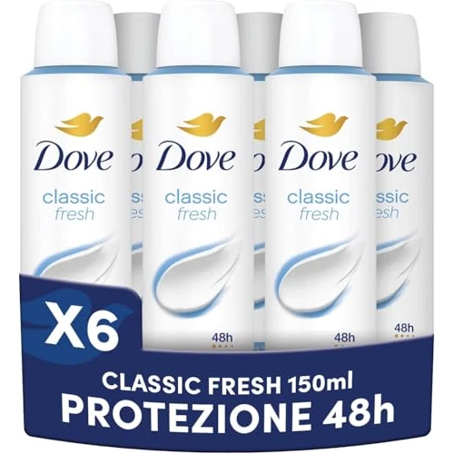 Offerta a tempo: Dove Deodorante Spray, Classic Care, Deodorante Antitraspirante Spray, Protezione Fino a 48 Ore, con 1/4 di Crema Idratante, Formula Delicata, Deodorante Uomo e Donna, 6 Pezzi da 150 ml - 16% da 17.94 € a 14.99 €