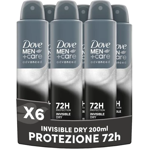 Dove Dove Men + Care Invisible Dry Spray Advanced Care dezodorant dla mężczyzn z kremem nawilżającym 1/4 nawilżającym, formułą nawilżającą i przeciw plamom, ochrona do 72 godzin, 6 sztuk po 200 ml