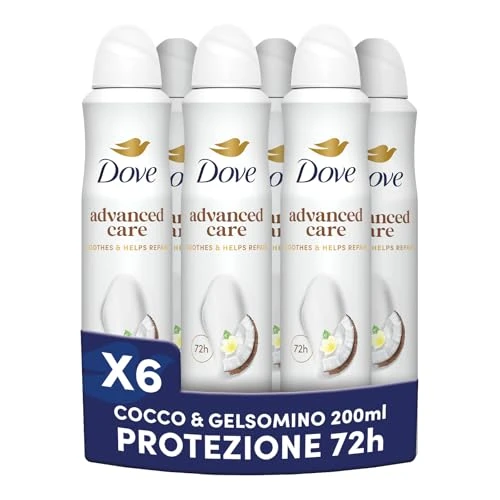 Offerta a tempo: Dove Deodorante Spray Advanced Care Go Fresh Cocco e Fiori di Gelsomino, Formula Idratante e Delicata sulla Pelle, Senza Alcol, Pelle Asciutta Fino a 72 Ore, Deodorante Uomo e Donna, 6 Pezzi da 200ml - 34% da 31.74 € a 20.95 €