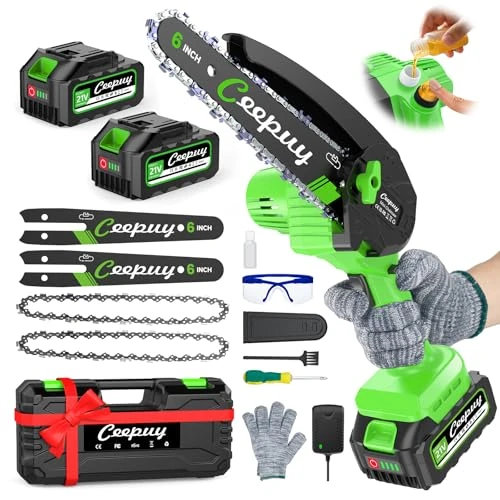 Zeitlich begrenztes Angebot: CEEPUY 6 Zoll Mini Akku-Kettensäge 2 x 4000 mAh elektrische Säge zum Beschneiden mit Ölpumpe, Handkettensäge zum Schneiden von Holz und Gärten von 79.99 € auf 79.99 € (0.00% Rabatt)