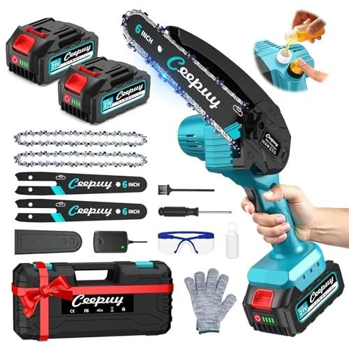 Offerta a tempo: CEEPUY Mini motosega a batteria 2x4000 mAh, 6 pollici motosega elettrica senza fili con iniettore di olio e catena di ricambio, adatta per potatura di alberi da giardino (880W) - 22% da 89.99 € a 69.99 €