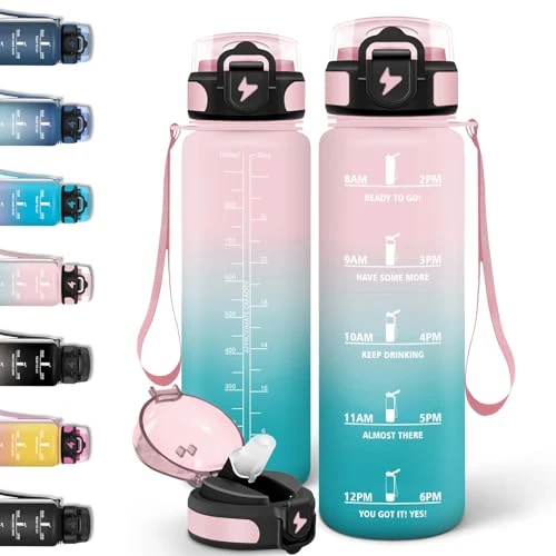 Offre limitée : Motswedi Gourde 1l, Gourde Paille, Conception de Serrure Étanche, Bouteille Sport, Avec Marqueur de Temps, Bouteille Motivation, Convient aux Boissons Gazeuses, pour Bureau, Camping, Vélo - Rose&Cyan de 11.99 € à 11.99 € (0.00% de remise)