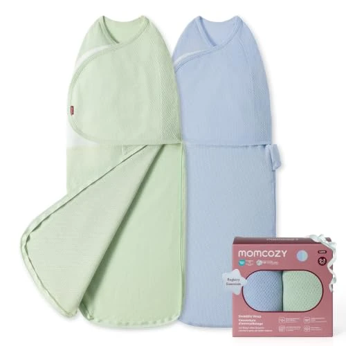 Offerta a tempo: momcozy Swaddle Neonato AirFlow, 100% Cotone Leggero e Traspirante, Sacco Nanna con Cerniera, Aiuta a Ridurre il Riflesso di Moro, per Bambini e Bambine, Blu e Verde, 2 Pezzi - 20% da 28.99 € a 23.19 €