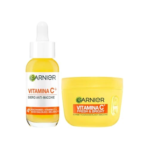 Offerta a tempo: Garnier Routine Anti-Macchie: Siero Vitamina C Viso Potenziato con Niacinamide e Melasyl 30ml e Fresh & Bright Sorbetto Vitamina C Crema Viso Idratante Ultra Leggera 85ml - 35% da 19.99 € a 12.91 €