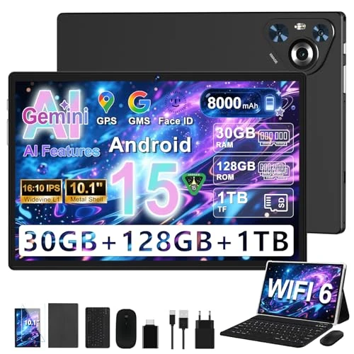 Offerta a tempo: Tablet Android 15, 10 Pollici IPS HD Schermo, [30GB RAM+128GB ROM] 1TB Espandibile, 8000mAh, 8-Core, Corpo in Metallo, 5MP+8MP, Face ID, Widevine L1 - Mouse, Tastiera, Custodia Protettivae-Nero - 54% da 239.99 € a 109.99 €