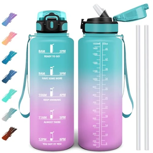 Motswedi Drinking Bottle 1500 ml, Leak-Proof, BPA-Free Water Bottle, Motivational with Time Marking, Drinking Bottle with Straw, Light Purple & Light Pink