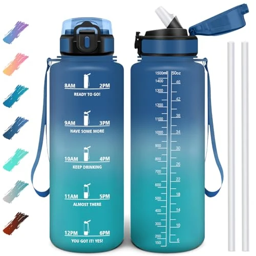 Motswedi Drinking Bottle 1500 ml, Leak-Proof, BPA-Free, Motivational with Time Marking, Drinking Bottle with Straw, Blue & Green