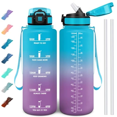 Motswedi Trinkflasche 1500 ml, Auslaufsicher, Wasserflasche BPA-Frei, Motivierende mit Zeitmarkierung, Trinkflasche mit Strohhalm Blau & Lila