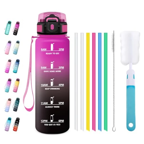 JAPORIA Borraccia 1L, Borraccia con Cannuccia, a Prova di Perdite, Bottiglia Acqua con Indicatore del Tempo, per Adulto, Campeggio, Ufficio