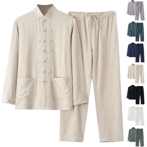 Tang Vestito Uomo Elegante Tuta Completa Nero anni 20 60 70 80 Tang Tradizionale Cinese Arti Marziali Cotone e Lino Maniche Lunghe Abbigliamento Set Sportiva Casual Completo Da Casa Taglie Forti Slim