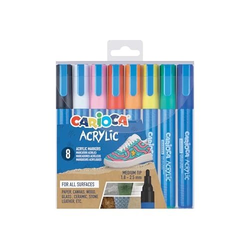 CARIOCA Marqueurs Acrylique Pointe Ronde Set 8 Couleurs, Marqueurs Acrylique Bullet Tip pour Lettering, Décoration et Personnalisation Objets