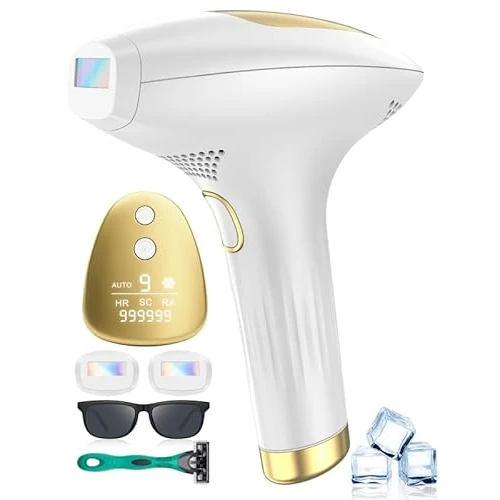 IPL-Apparaten Ontharing met Koelfunctie, 21 J en 9 Energieniveaus Voor, 999.999 Flitsen, 3 Functies-HR/SC/RA, Pijnloos, Langdurig en Ijskoelend voor Dames en Heren, Gezicht, Benen, Armen, Lichaam