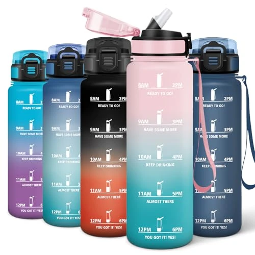 Offerta a tempo: Motswedi Borracce 1 Litro, Motivazionale Borraccia Sportiva, con Time Marker, Riutilizzabile Bottiglia, d'acqua Palestra con Cannuccia, per Fitness, Palestra e Escursionismo, Rosa & Verde - 35% da 19.99 € a 12.99 €