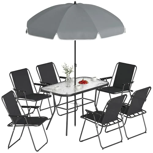 Oferta limitada: Outsunny Conjunto de Mesa y sillas de jardín de 8 Piezas con sombrilla, Conjunto de Comedor Exterior con 6 sillas Plegables de textilene, Mesa de Vidrio Templado, Estructura de Acero para terraza o de 299.95 € a 299.95 € (ahorro 0.00%)