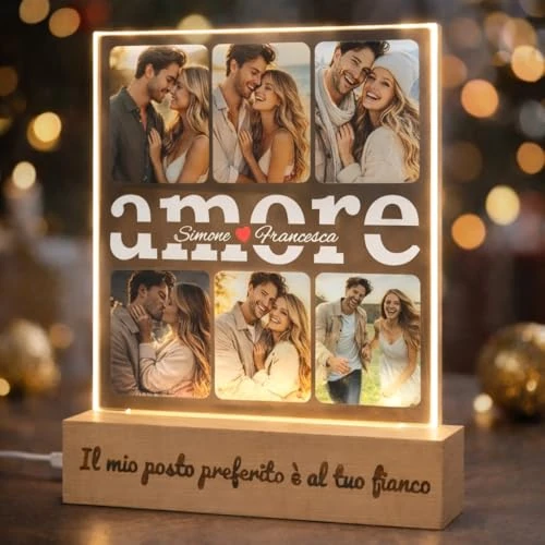 Offerta a tempo: SBUGATTA Lampada Personalizzata con Foto e Nomi – Regalo Romantico Coppia Personalizzato – Idea Regalo San Valentino, Anniversario, Fidanzata, Fidanzato, Natale – Lampada LED Plexiglass Base in Legno - 26.02% da 26.90 € a 19.90 €