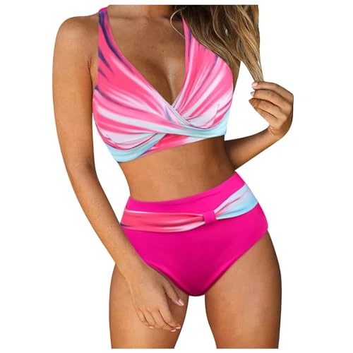 Offerta a tempo: Costume 2 Pezzi Donna,Costume Donna Due Pezzi, Costumi Da Bagno Vita Alta Sexy Bikini Set Mare Brasiliana Swimsuit Elegante Hot Push Up per Seno Grande Curvy No Segno Abbronzatura Fucsia Acceso XXL - 0.00% da 17.99 € a 17.99 €