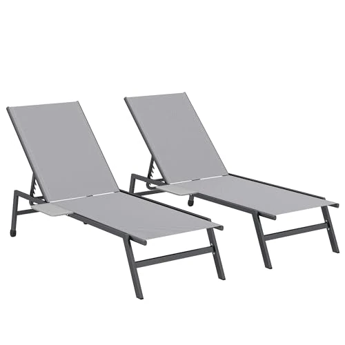Offerta a tempo: Outsunny Set di 2 Lettini Prendisole da Giardino con Tavolino Laterale, Schienale Regolabile 5 Livelli, Sdraio da Giardino in Texteline con 2 Ruote, per Spiaggia Piscina Terrazzo, 74x190x35cm, Grigio - 0.00% da 148.95 € a 148.95 €