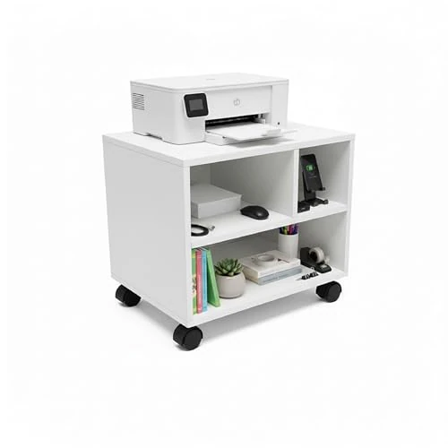 Offerta a tempo: Baroni Home Carrello Ufficio con 4 Rotelle Girevoli a 360°, Mobiletto Organizer per Stampante e Cancelleria, Struttura in MDF Resistente, Montaggio Facile, 30x40x36 cm, 3 Scomparti Bianco - 62% da 89.99 € a 33.99 €