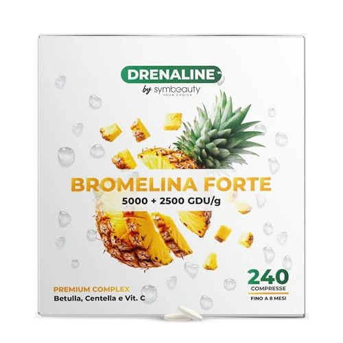 Symbeauty Bromelina Forte 240 Cpr (8 mesi) Drenaline 2500+5000 GDU | Betulla, Centella, Vitamina C | Vegano - Made in Italy