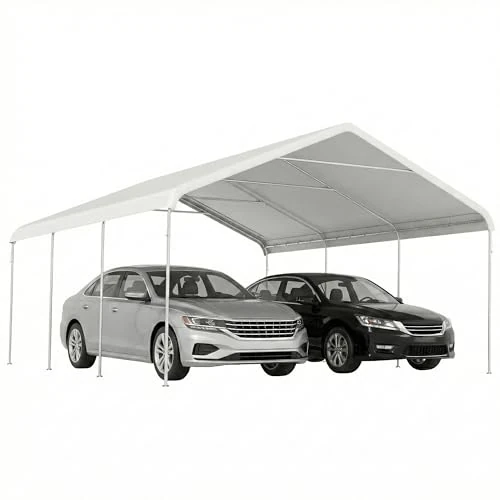 Outsunny Garage Auto per Esterno 5x6 m con Apertura Extra Ampia, Tettoia per Auto con Tiranti e Telaio Acciaio Zincato, Resistente ai Raggi UV, Tenda Garage per SUV Camion Barca Moto Biciclette, Crema
