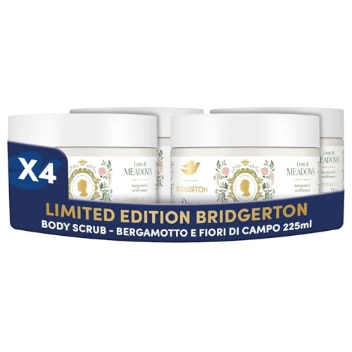 Offerta a tempo: Dove Scrub Corpo Bridgerton Love & Meadows, Limited Edition, con Detergenti a Base Vegetale e ¼ di Crema Idratante, Note di Bergamotto e Fiori di Campo, Senza Solfati, 4 Confezioni da 225 ml - 21% da 23.99 € a 18.99 €