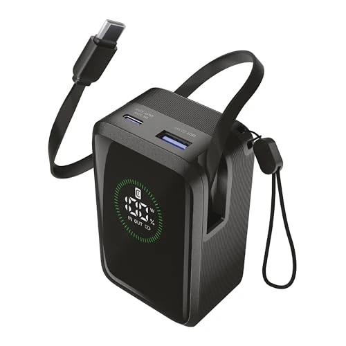Offerta a tempo: Cellularline power bank Roller 10.000 mAh con output fino a 45 W, cavo USB-C retrattile da 70 cm, display LCD, ricarica simultanea di 3 dispositivi, colore nero - 19% da 54.95 € a 44.49 €