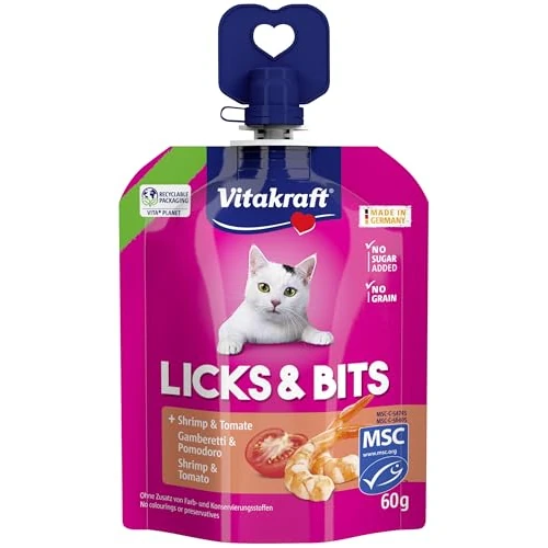 Vitakraft Licks & Bits, Soft Cream with Pieces in Squeeze Format, with Shrimp and Tomato, Resealable, No Added Sugar (1 x 60 g)