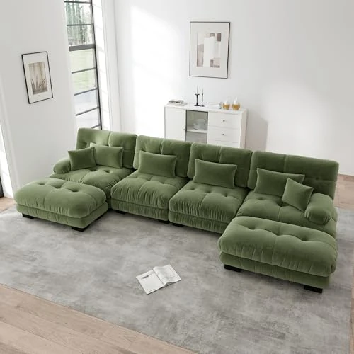 Tijdelijke aanbieding: NuvlaGu Modulaire Cloud hoekbank, U-vorm, 4-zits met beweegbare voetenbank, chenille woonlandschap met diepe zitting en brede armleuningen, grote woonkamer bank voor appartement kantoor, groen van 809.00 € naar 809.00 € (0.00% korti