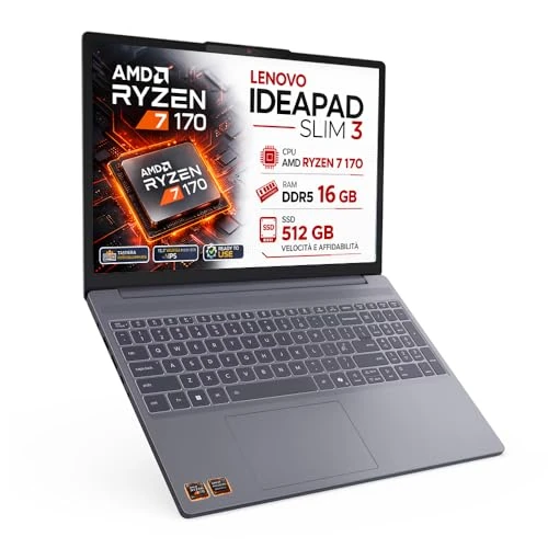 Offerta a tempo: Lenovo, pc portatile Notebook, Ryzen 7 170,8 Core, Ram DDR5 16Gb, Display IPS 15,3" WUXGA FHD+, SSD Pci Nvme da 512Gb, Wi-Fi 6, Bt, USB Type-C, Tastiera QWERTY retroilluminata, Pronto all'Uso - 3% da 799.00 € a 779.00 €