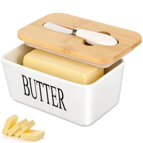 Offre limitée : VINATO Beurrier Céramique avec Couvercle,Beurrier en Porcelaine 250g,Boîte à Beurre avec Couteau à Beurre,Boîte à Beurre Hermétique pour Réfrigérateur-17.5 x 10.5 x 8 CM de 17.99 € à 17.99 € (0.00% de remise)