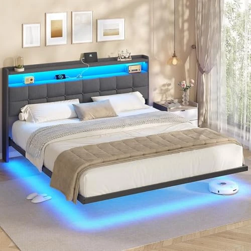 Offerta a tempo: AOGLLATI Letto Matrimoniale 180x200 cm con Effetto Visivo Levitante, Struttura Letto con LED e Stazione di Ricarica, Letto con Testiera Imbottita e Struttura in Metallo, Senza Materasso, Grigio Scuro - 3% da 149.99 € a 145.99 €